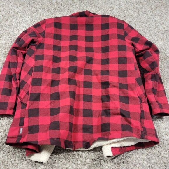 Eddie Bauer Flannel Shirt Jacket Womens Small Red Buffalo Plaid Open Sherpa Line - Picture 6 of 8